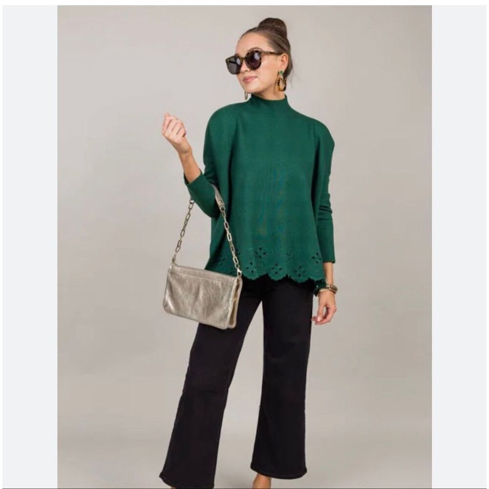 NWT Entro Sweater Womens Large Hunter Green Mock Neck Eyelet Hem Knit Oversized - Picture 8 of 15